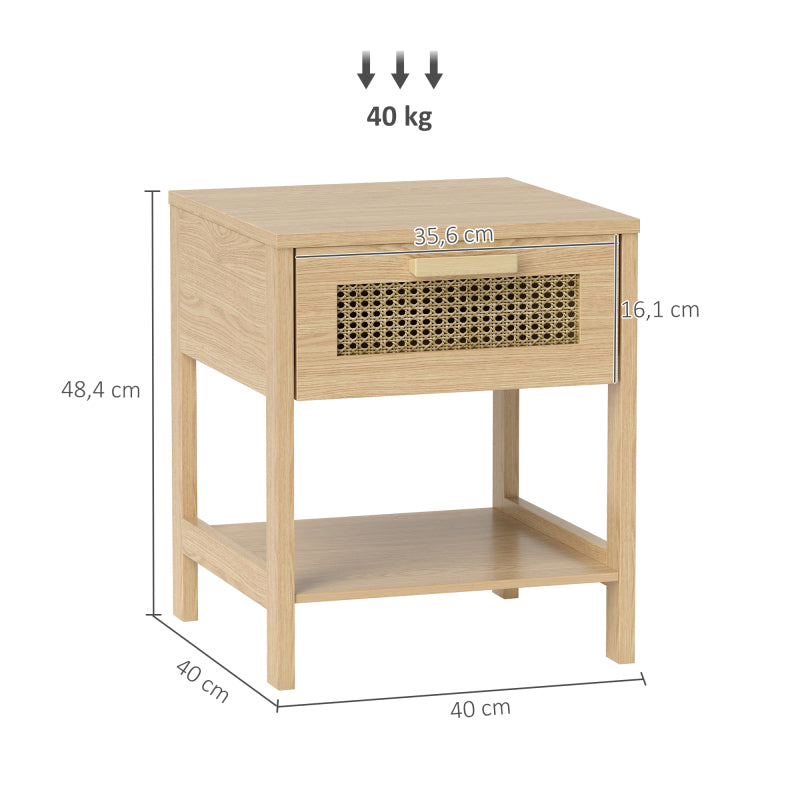 HOMCOM Nachttisch Nachtschrank Beistelltisch natürlicher Nachtkommode mit Schublade offenen Ablage Rattan-Design Natur 40 x 40 x 48,4 cm