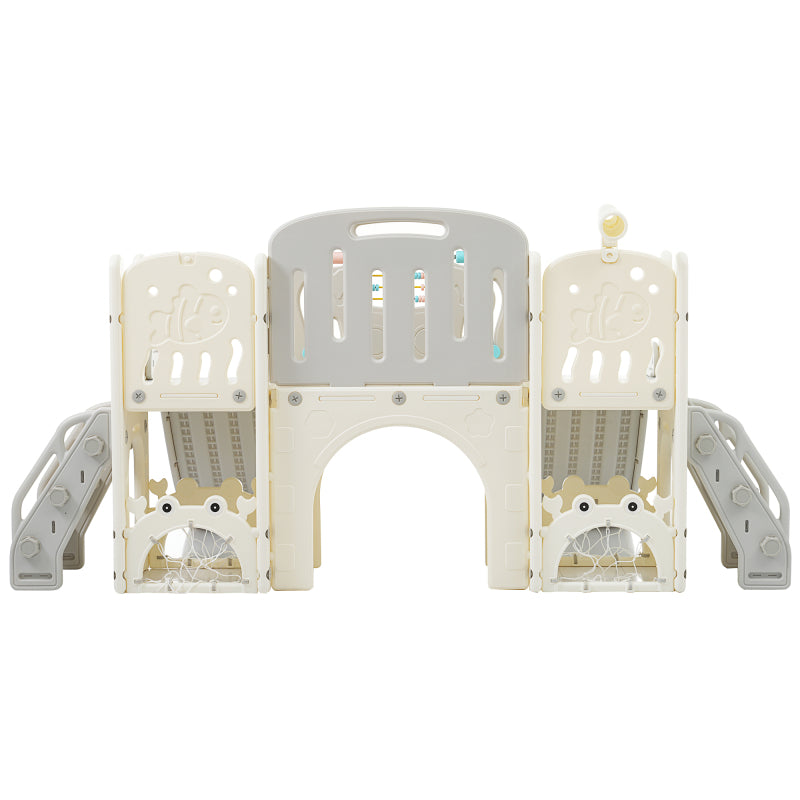 Kinderspielplatz-Set 8-in-1, Freistehendes Meerestier-Motiv-Set mit Rutsche, Bogentunnel, Basketballkorb und Teleskop, Doppelte Rutschen für Kleinkinder, Klettergerüst für Kinder