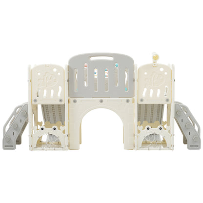 Kinderspielplatz-Set 8-in-1, Freistehendes Meerestier-Motiv-Set mit Rutsche, Bogentunnel, Basketballkorb und Teleskop, Doppelte Rutschen für Kleinkinder, Klettergerüst für Kinder