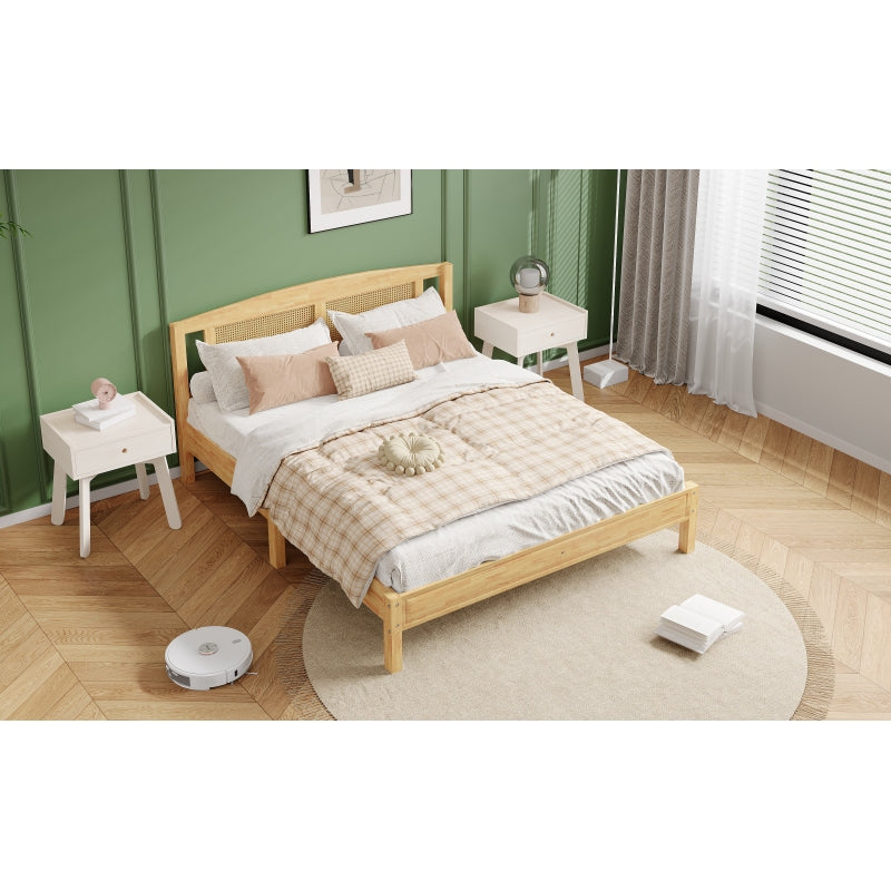Doppelbett, Rattanbett, Jugendbett Erwachsenenbett 160X200cm, Rattannetzkissen, mit 15 Latten und Mittelfüße, Kiefer + PE-Rattan, Natur