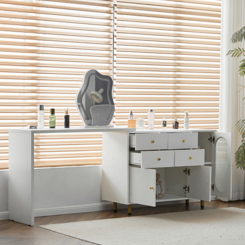 Schminktisch, Kosmetiktisch-Set mit Spiegel und Beleuchtung, ausziehbare Tischplatte, links-rechts wechselbar, 3-farbige LED-Beleuchtung, Maße: B100/H74.5/T40 cm (ohne Hocker)