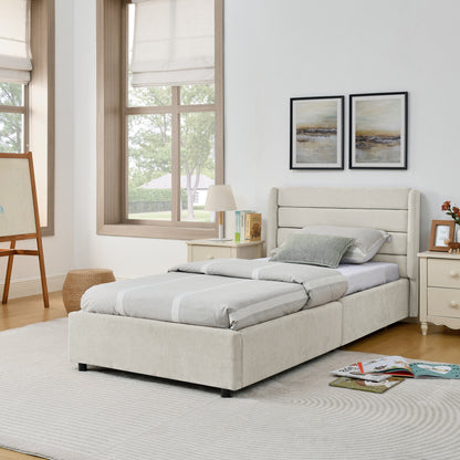 Einzelbett 90×200 cm mit Chenille-Oberfläche & 2 Schubladen, stabiles Bettgestell aus Holz/Metall, ideal für Kinder-, Jugend- & Gästezimmer, Beige (ohne Matratze)
