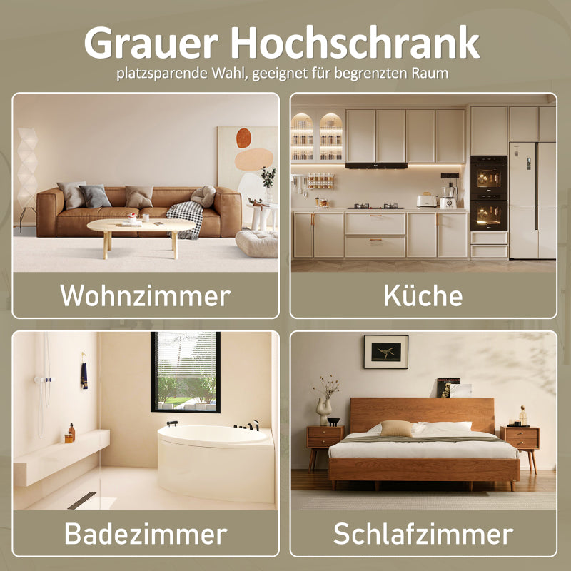 57.5 x 28.5 x 160cm Badezimmer-Hochschrank mit Stauraum, feuchtigkeitsbeständige Farbe, Glasschranktür, Holzschranktür, zwei offene Ablagefächer, verstellbare Trennwände, einfache Textur, Grau