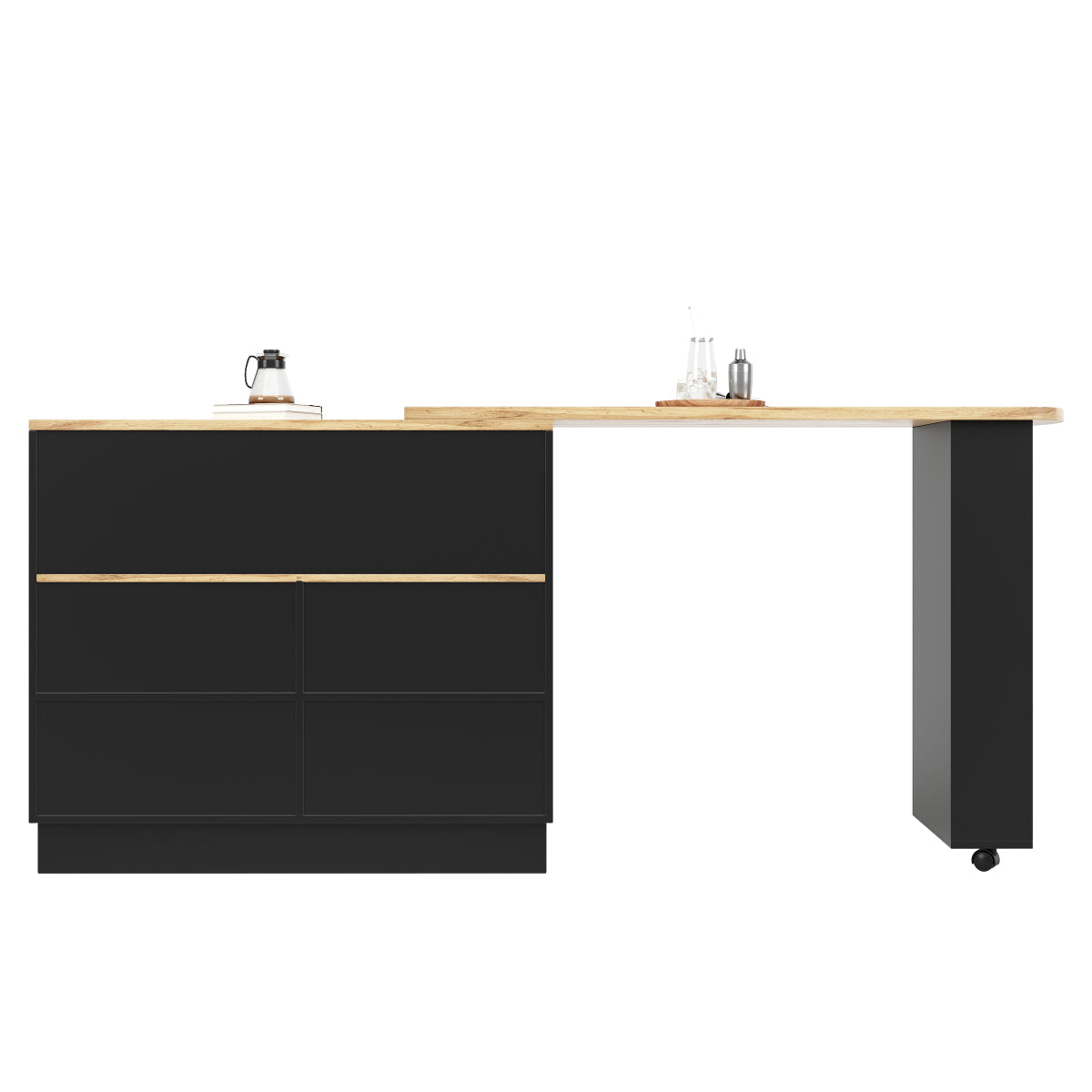 Kücheninsel mit 360° Rotation, Barschrank mit Glasschiebetür & Stauraum, Weiß & Holzoptik, multifunktionaler Küchentisch & Sideboard