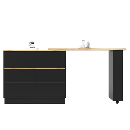 Kücheninsel mit 360° Rotation, Barschrank mit Glasschiebetür & Stauraum, Weiß & Holzoptik, multifunktionaler Küchentisch & Sideboard