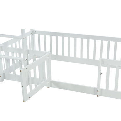Etagenbett mit rechtwinkliger Treppe, Bett mit Zäune und Türchen, Kinderbett mit Fallschutz und Gitter, Massivholz, weiß (200x90cm)
