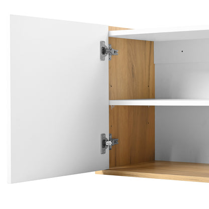 TV-Schrank, niedriges Paneel in Weiß und Holzfarben, TV-Möbel, die an die Wand gehängt oder auf den Boden gestellt werden können