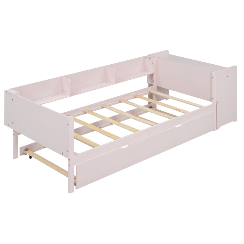 90*200cm, Flachbett, mit ausziehbarem Bett, mit Schreibtisch, drei Regale an der Seite des Bettes, Rosa