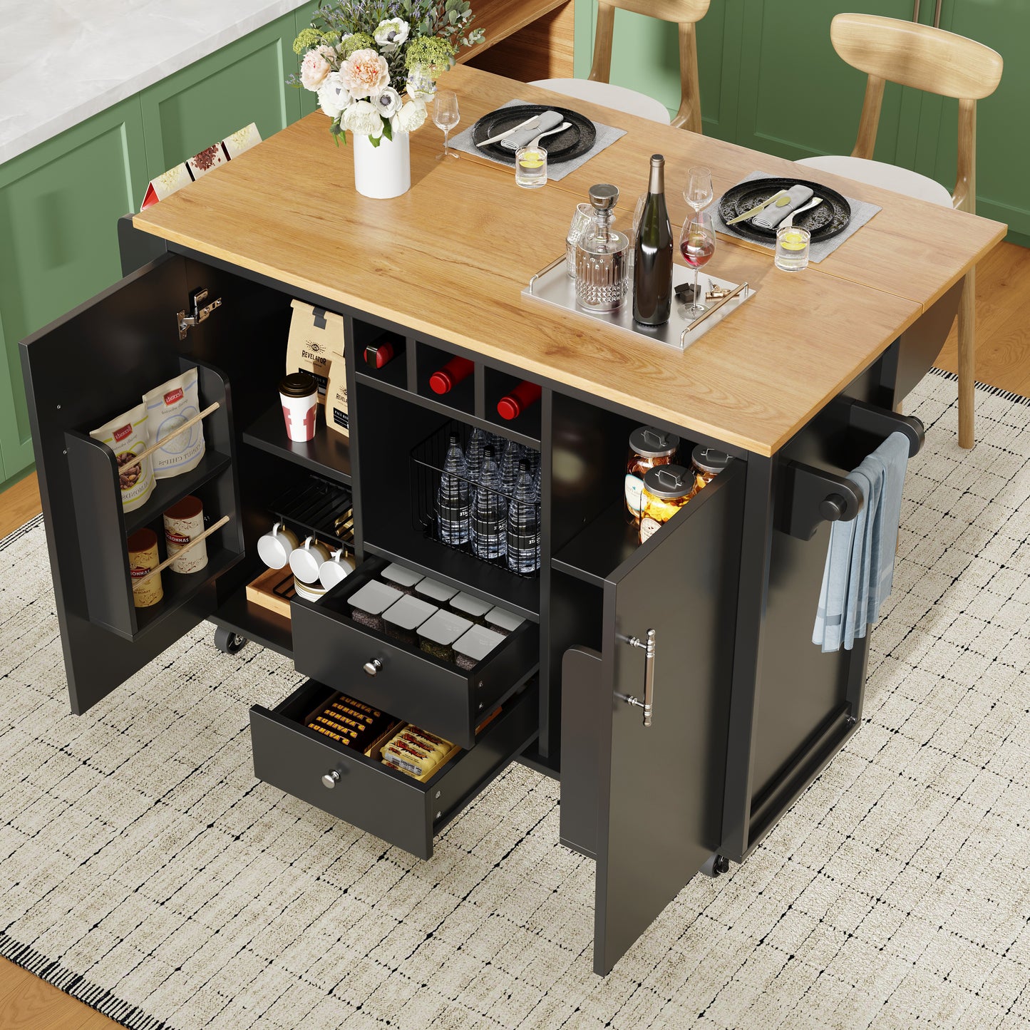 Kücheninsel Buffetschrank 120x73x92cm Küchenwagen klappbare Arbeitsplatte Handtuchhalter Gewürzregal Weinregal verstellbare Böden Küchenschrank Schwarz