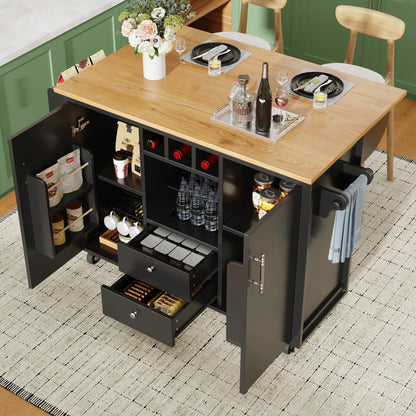 Kücheninsel Buffetschrank 120x73x92cm Küchenwagen klappbare Arbeitsplatte Handtuchhalter Gewürzregal Weinregal verstellbare Böden Küchenschrank Schwarz