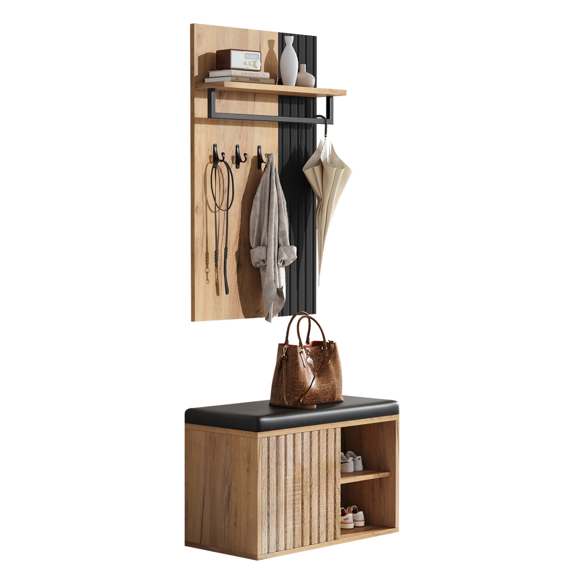 Schuhbank mit Garderobe & 3 Haken, Schuhschrank mit 2 Türen und Sitzbank, Flurmöbel aus Spanplatte, Schwarz/Natur, B70×T36×H146 cm