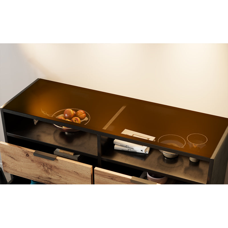 Kommode Sideboard aus Bernstein Glas, Sideboard mit Metallgriffen, Kommode mit 6 Schubladen und 2 Fächern , kippsicher, 120 x 40 x 80 cm, Eiche