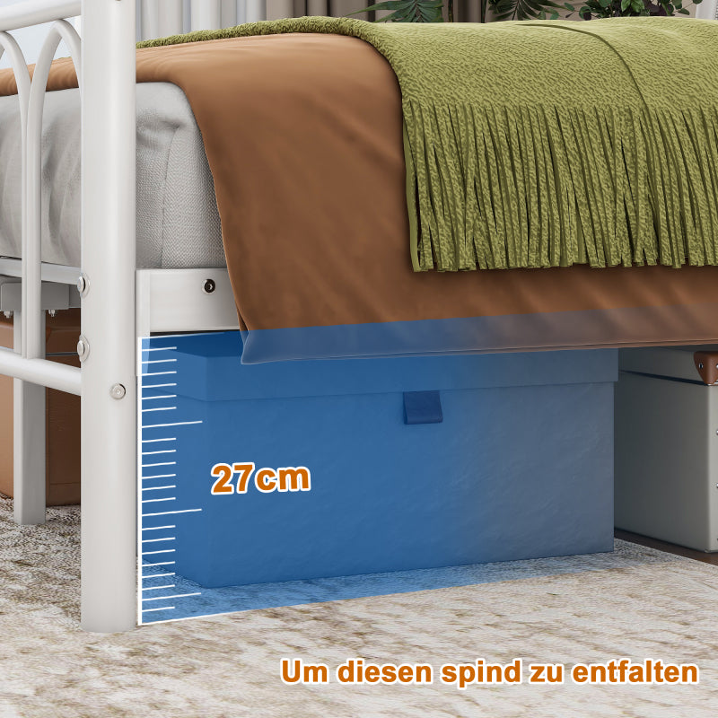 120x200cm Metall-Bettrahmen mit Vintage Kopf und Fußplatte, USB-Ladestation, LED-Bettrahmen, Heavy Duty Stahl Slat Unterstützung, Reichweite Unterbett-Speicher, Keine Box-Feder erforderlich, Weiß