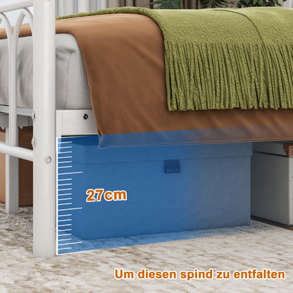 120x200cm Metall-Bettrahmen mit Vintage Kopf und Fußplatte, USB-Ladestation, LED-Bettrahmen, Heavy Duty Stahl Slat Unterstützung, Reichweite Unterbett-Speicher, Keine Box-Feder erforderlich, Weiß