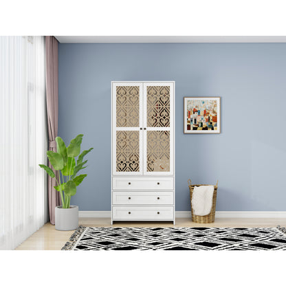 Weißer Aufbewahrungsschrank mit Schnitzmuster – Boho-Garderobenschrank mit Rattangeflecht, 3 Schubladen und Kleiderstange aus Aluminiumlegierung – ideal für Wohnzimmer, Schlafzimmer, Büro oder Arbeits