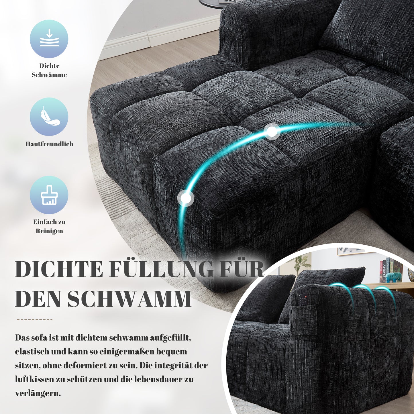 Modernes Sektionssofa, L-Sofa, 3-Sitzer-Sofa, keine Installation erforderlich, Chenille-Sofa mit Chaiselongue und Armlehnen, 3 Kissen, Seitentasche für Fernbedienung, Schwarz