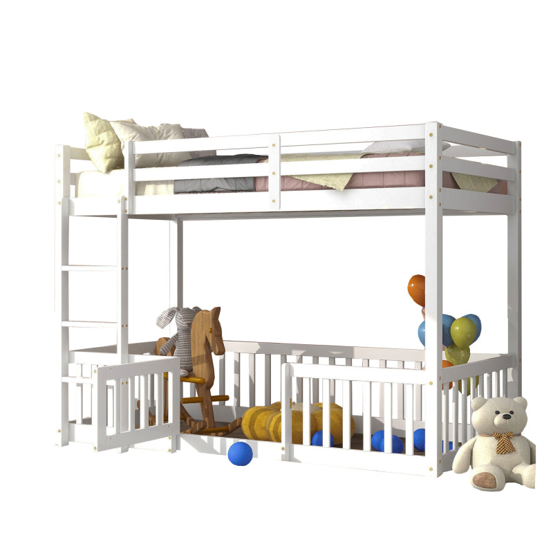 Etagenbett mit rechtwinkliger Treppe, Bett mit Zäune und Türchen, Kinderbett mit Fallschutz und Gitter, Massivholz, weiß (200x90cm)