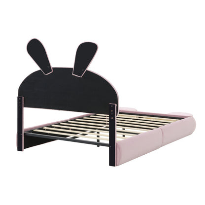 Polsterbett, Doppelbett, hydraulisches Bett, Hasenohren mit einstellbarer Helligkeit warmfarbenen Lichtstreifen, Stauraum unter dem Bett, zwei Aufbewahrungshockern, Samt, Rosa, 140x200cm