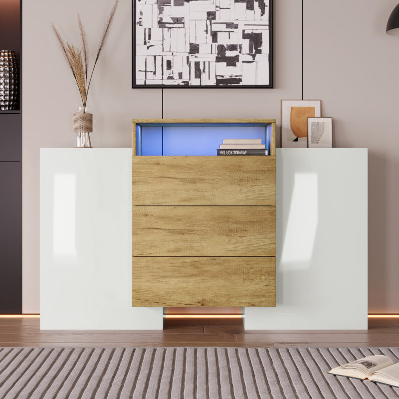 Sideboard, Moderner Kommode, Schrank 140cm, Hochglanz-Weiß und Holzfarbe, Mehrfarbige LED-Lichteffekte. Stilvolle Aufbewahrungslösung (Teilweise glänzende Oberfläche)