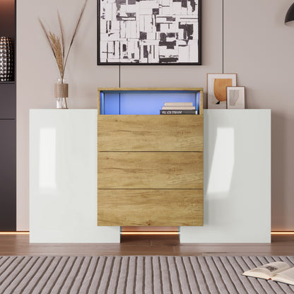 Sideboard, Moderner Kommode, Schrank 140cm, Hochglanz-Weiß und Holzfarbe, Mehrfarbige LED-Lichteffekte. Stilvolle Aufbewahrungslösung (Teilweise glänzende Oberfläche)