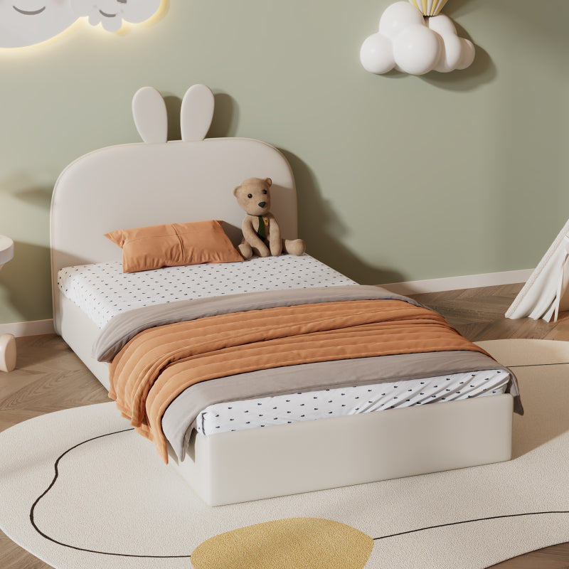 Kaninchen Kopfteil Polsterbett, Kinderbett mit Holzlatten, Einzelbett, Samt, Beige, 90x200cm