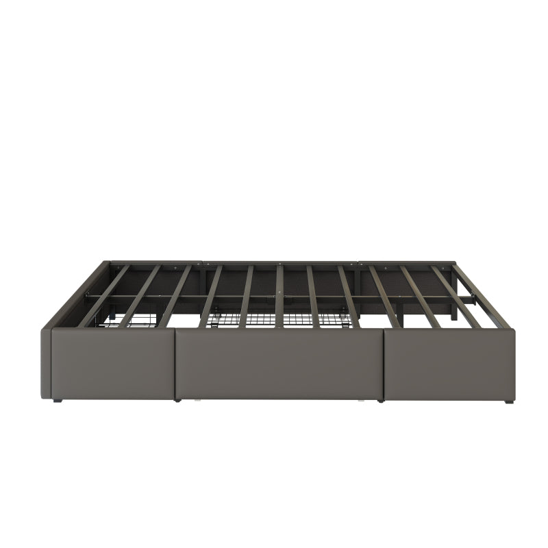 Bettgestell 140X200 mit Schubladen, PU-Leder Bett ohne Kopfteil Mit LED-Lichtleiste, MetalllattenPlattformbett für moderne Schlafzimmer Grau