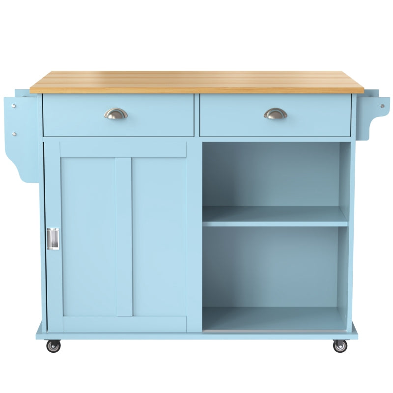 Esswagen/Anrichte, 112x40(70)x94 cm, Blau, Klappbare Massivholzoptik-Arbeitsplatte, mit Ablagetür, Rollen & Auswechselbaren Massivholzfüßen, für Küche & Esszimmer