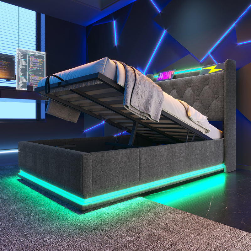 Polsterbett einzelbett,360-Surround-LED-Funktion, Drucktaste/App/Fernbedienung,90*200 cm, Grau Leinen-Material Hydraulisches Lagerbett, gepolstertes Kopfteil mit USB Typ-C Ladefunktion (Ohne Matratze)