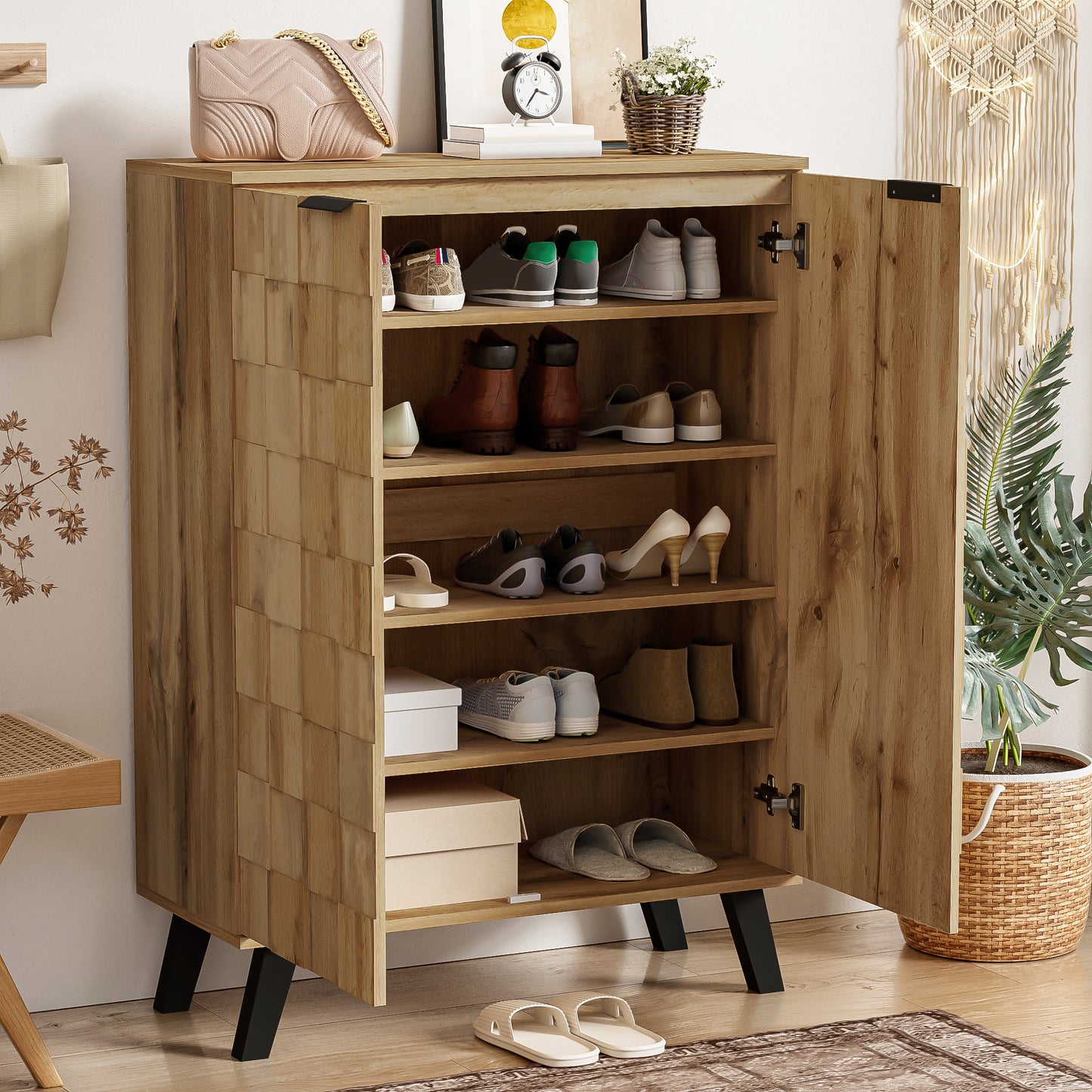 Moderner Schuhschrank mit 5 Fächern, Verstellbare Einlegeböden, Holzfarbe