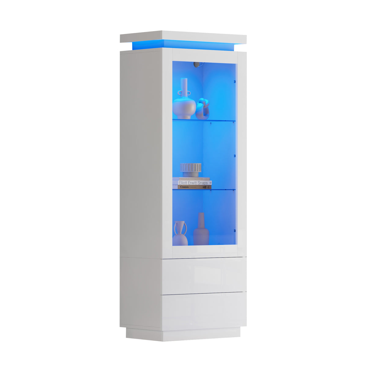 Weiß Hochglanz Vitrine 60x40x171cm mit App-LED & 2 Schubladen, Glasvitrine Hochschrank mit Acryltür, Standregal Wohnzimmerschrank