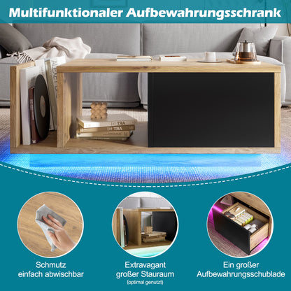 Couchtisch mit LED-Beleuchtung, Wohnzimmertisch mit Schublade und Stauraum, Holzoptik & Metall