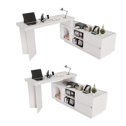 Eckschreibtisch mit integriertem Tierhaus, L-förmig oder einteilig, flexible Montage, Eckschreibtisch für Home Office mit XL-Tierhöhle, White