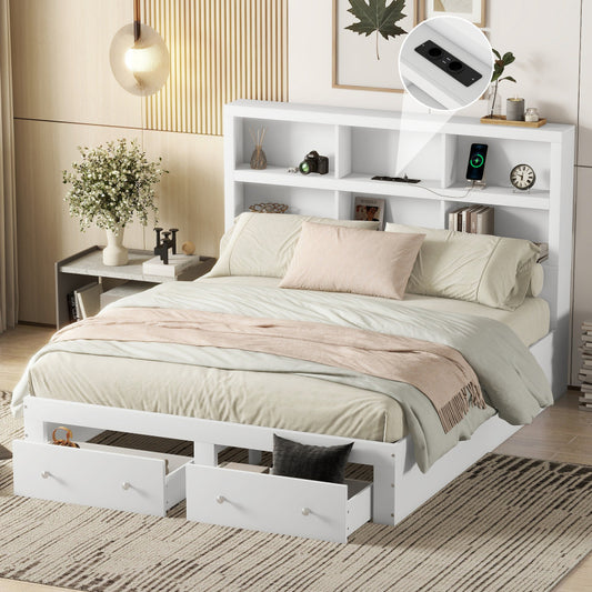 160*200cm Doppelbett, Kingsize-Plattformbett mit zwei Schubladen am Fußende des Bettes, Kopfteil mit Stauraum, Weiß