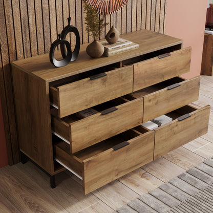 Kommode, Sideboard mit 6 Schubladen, 120 x 40 x 76 cm in Dunkle Eiche, Sideboard Highboard für Schlafzimmer & alle Wohnräume