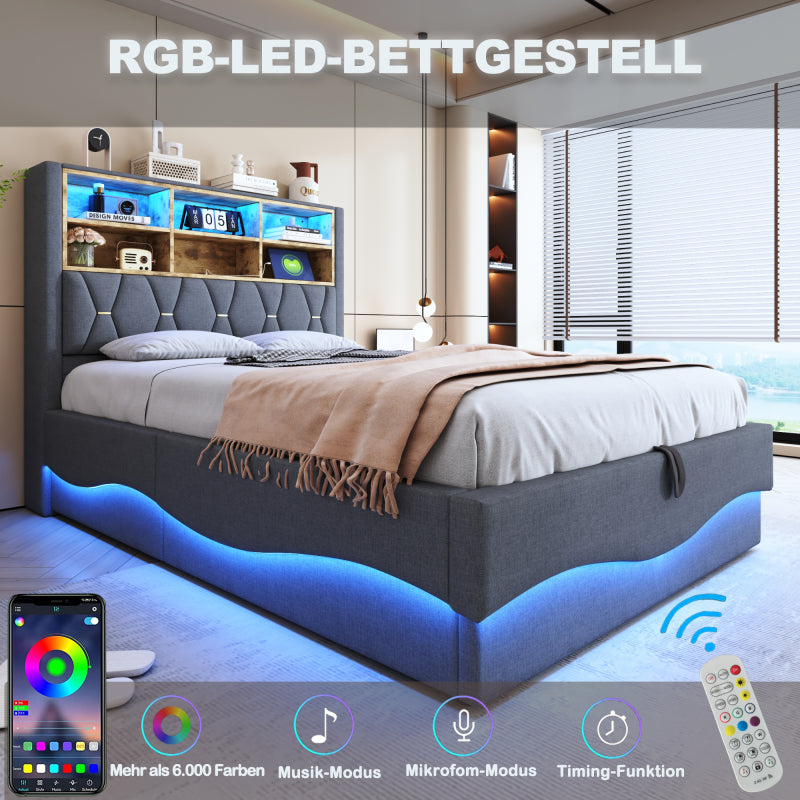 Polsterbett 140×200  mit hydraulischem Stauraum APP-gesteuertes LED-Lichtband USB-Ladeanschluss Metall-Lattenrost Leinenpolsterung Grau