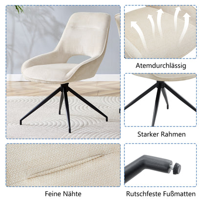 2er-Set Esszimmerstühle Weiß Stoff 360 Grad Drehbar Schwarz Lackiertes Metallgestell Atmungsaktiver Strukturstoff Moderne Polsterstühle