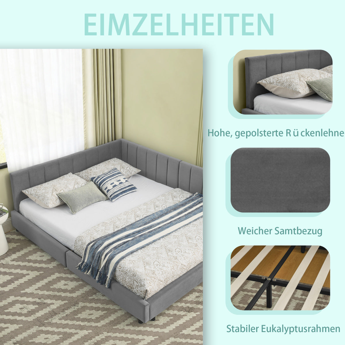 Doppelbett 140×200 cm aus Samt mit hoher Rückenlehne, stabiles Bettgestell aus Holz & Metall, ideal für Schlafzimmer & Gästezimmer, Gray (ohne Matratze)