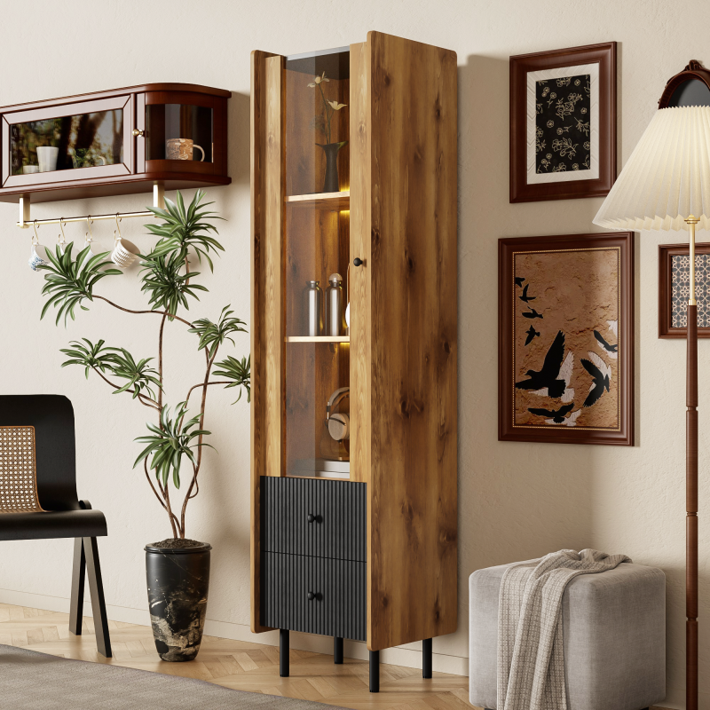 Sideboard, Hochschrank in schwarzer Holzmaserung – 180 x 44 x 40 cm mit Glastür, gelbem LED-Licht, 2 Schubladen