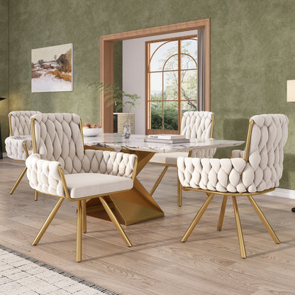 Samt-Esszimmerstuhl, 4er set, Freizeit-Drehstuhl mit vier Stützbeinen aus Metall, beige