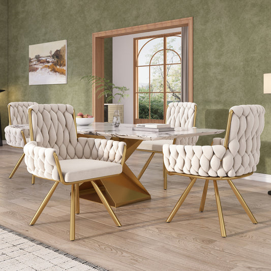 Samt-Esszimmerstuhl, 4er set, Freizeit-Drehstuhl mit vier Stützbeinen aus Metall, beige