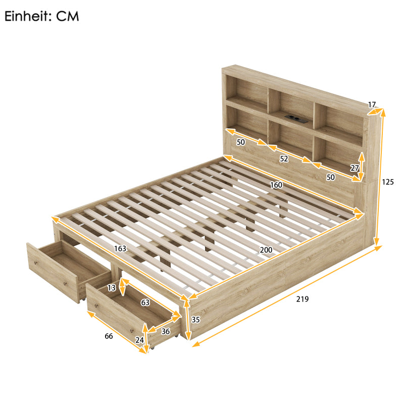 160*200 cm Doppelbett, Kingsize-Plattformbett mit zwei Schubladen am Fußende des Bettes, Kopfteil mit Stauraum, Natur
