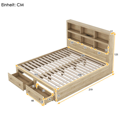160*200 cm Doppelbett, Kingsize-Plattformbett mit zwei Schubladen am Fußende des Bettes, Kopfteil mit Stauraum, Natur