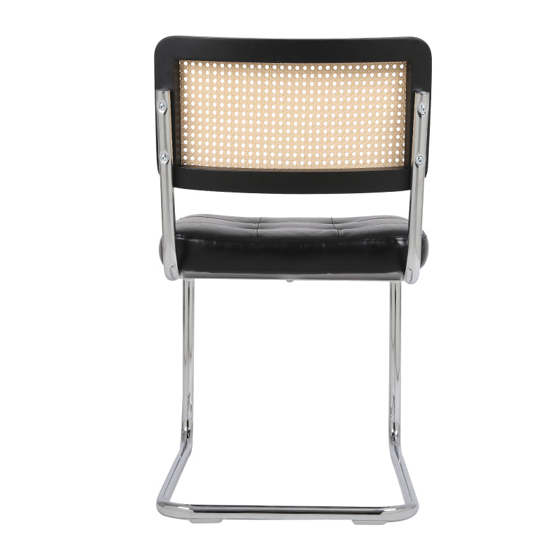 Mittelalterliche moderne Esszimmerstühle, ein Satz von 2-Rattan Esszimmerstühlen mit weichen gepolsterten Kunstlederelementen, armlose Mesh Rückenlehne Rattan Stühle, Metall Chrom Beine(Black)