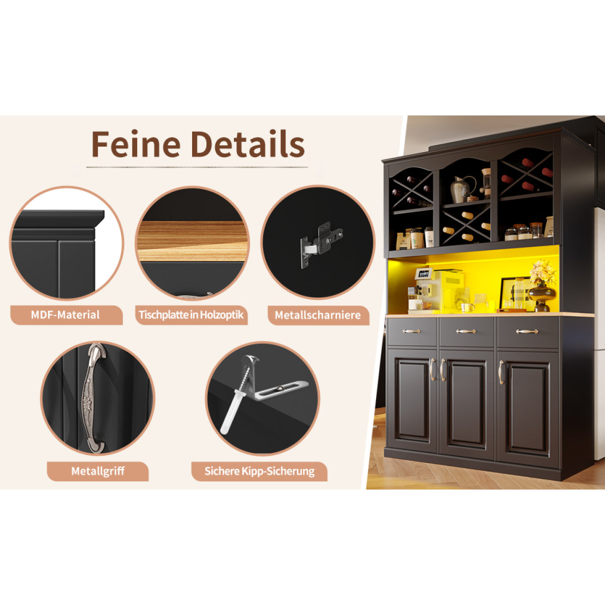 Küchenschrank 120x180cm LED, Hohes Buffet Schwarz, 3 Türen & 3 Schubladen, App-Steuerung, MDF Mehrzweckschrank