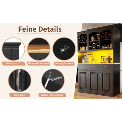 Küchenschrank 120x180cm LED, Hohes Buffet Schwarz, 3 Türen & 3 Schubladen, App-Steuerung, MDF Mehrzweckschrank