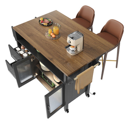 Kücheninsel mit herausnehmbaren Trennwänden, Speisewagen mit Arbeitsplatte, Buffetschrank, Speisewagen mit Glasvitrine in Holzmaserung, LED-Leuchten, seitlicher Handtuchhalter mit Rollen, Schwarz