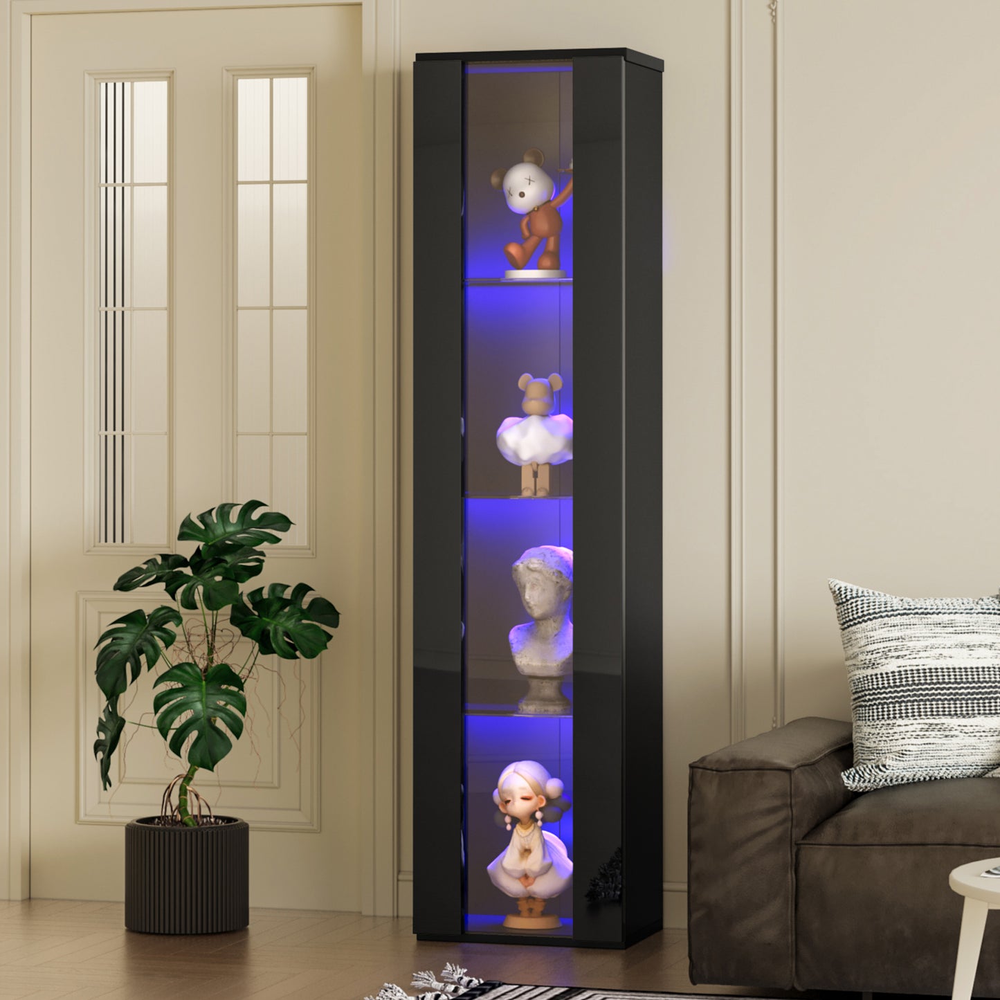 Multifunktionale Vitrine, Glastrennwand, LED-Farbwechsel Licht, schlichtes Design, Schwarz