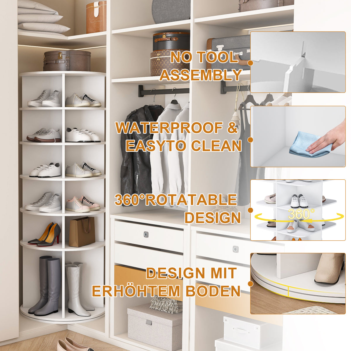 Drehbares Schuhregal 6 Etagen, 360°, Stiefelfach, 24 Paar, Weiß, 161 cm hoch
