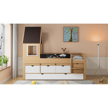 Etagenbett, Baumhausbett mit Schubladen und Ausziehbett, Mit Ausziehtisch, Reichlich Stauraum, Holzbett mit Fenster, Rahmen aus Kiefer, Graffiti-Tafel, Kiefer+MDF, weiß+Natur, 90x200&90*190cm