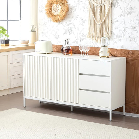 1.5m weißes modernes minimalistisches Sideboard, Aufbewahrungsschrank, Wellenmuster-Design, verstellbare Einlegeböden, 3 Schubladen, geeignet für Küche, Wohnzimmer, Korridor und andere Multi-Szene